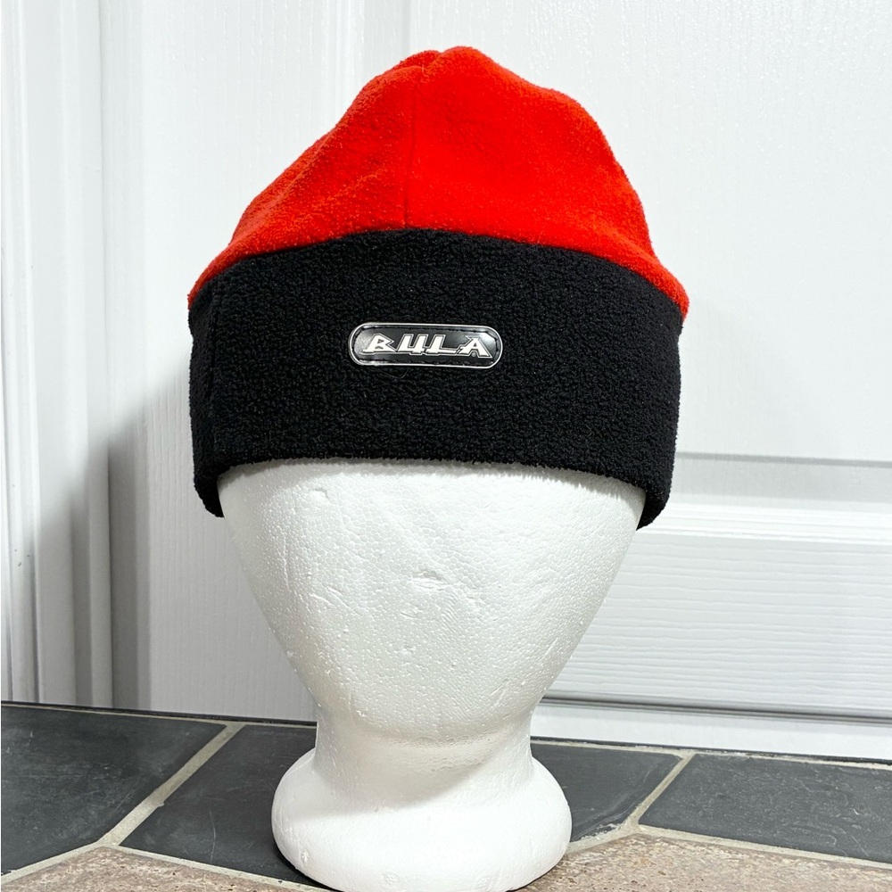 Y2K Bula Fleece Ski Beanie Hat Red Black Vintage